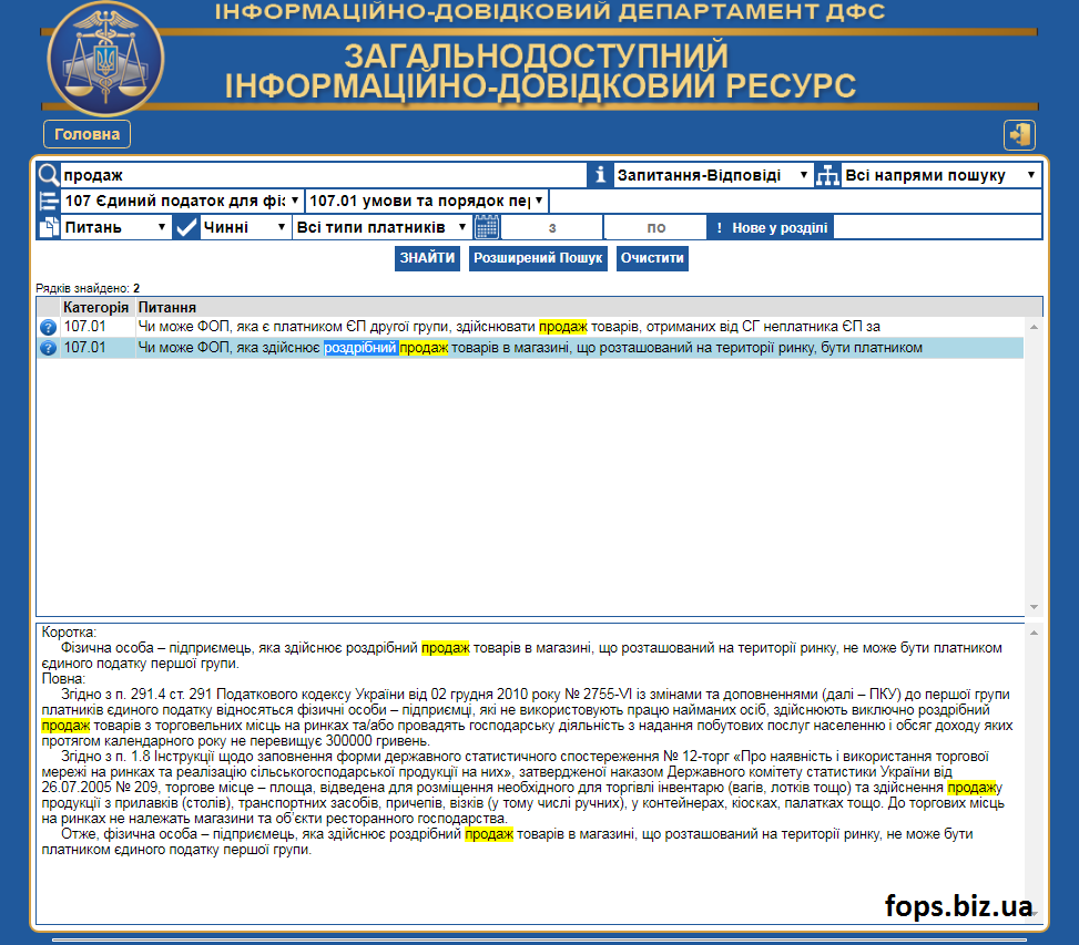 торговля в магазинах для ФОПов 1 группы